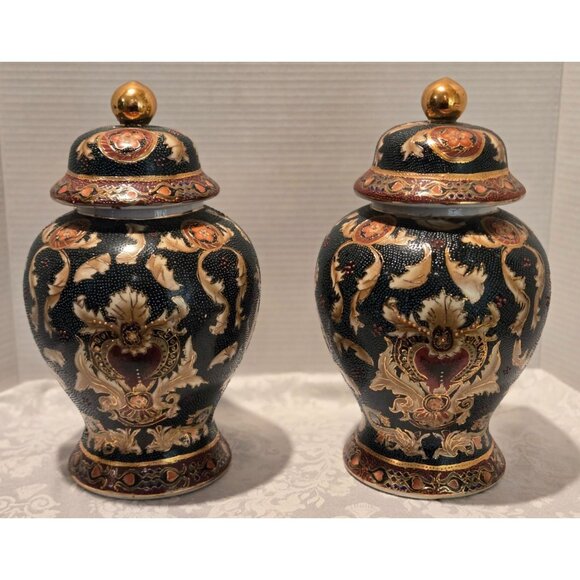ASIAN VINTAGE PORCELAIN TEMPLE JAR HAND PAINTED MULTI-COLOR GOLD TRIM 12"  Set o - Picture 1 of 11